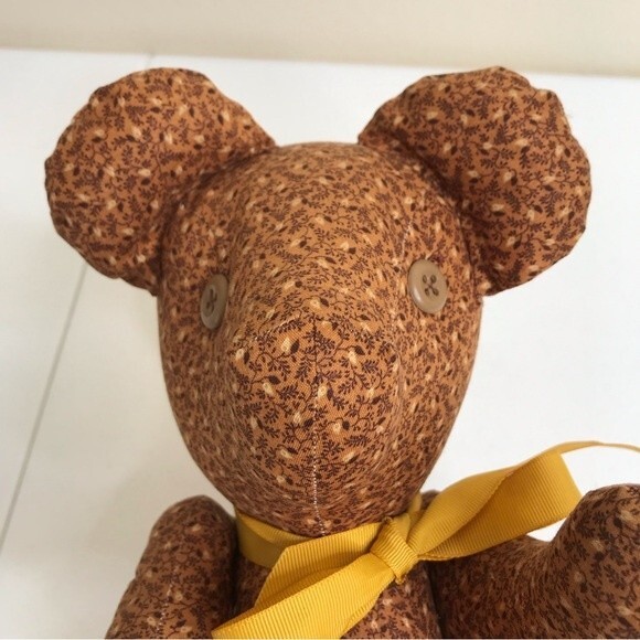 Vintage Handmade Brown Calico Fabric Button Jointed Teddy Bear Button Eyes 15" - Picture 3 of 9